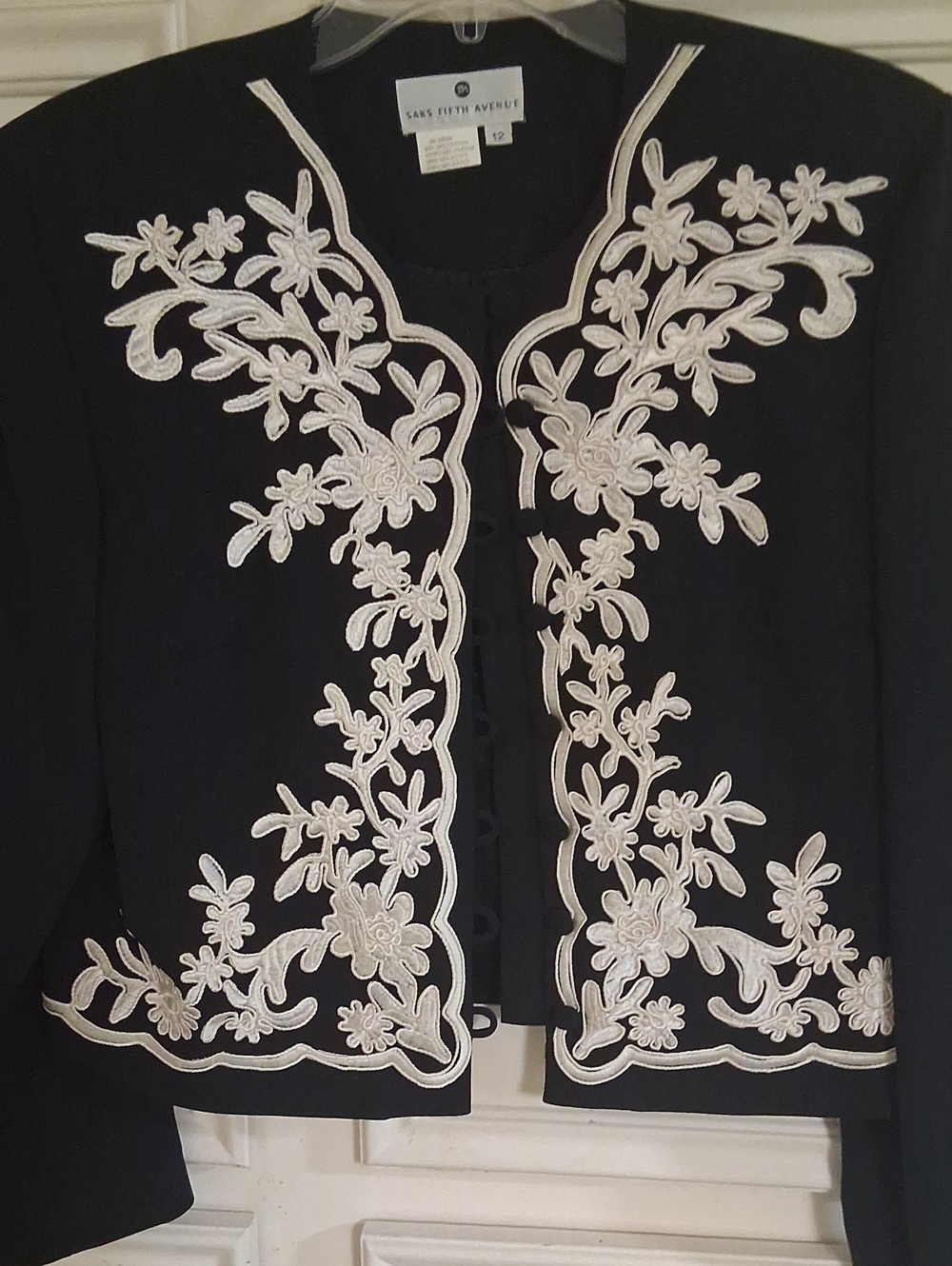 Saks Fifth Avenue Black Jacket with White Floral Embroidery